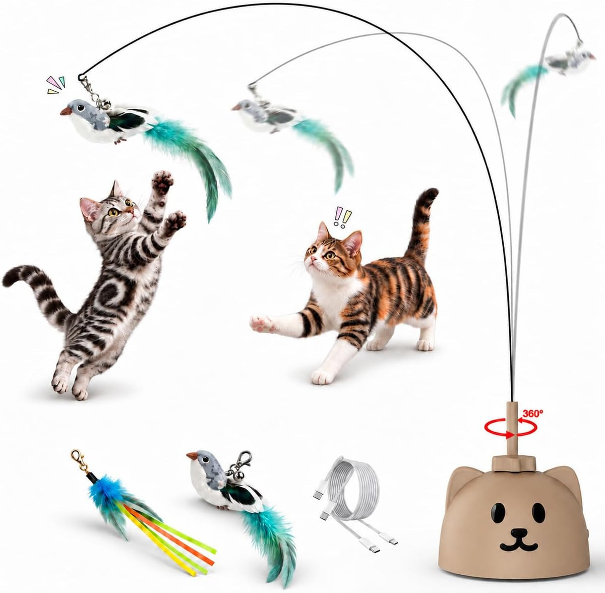 Interactive Cat Toys for Indoor Cats: Automatic Flying Bird Cat Toy with 360° Feather Wand, Strong 8cm Suction Cup, USB Rechargeable Self-Play Cat Toy for Bored Kittens & Adult Cats