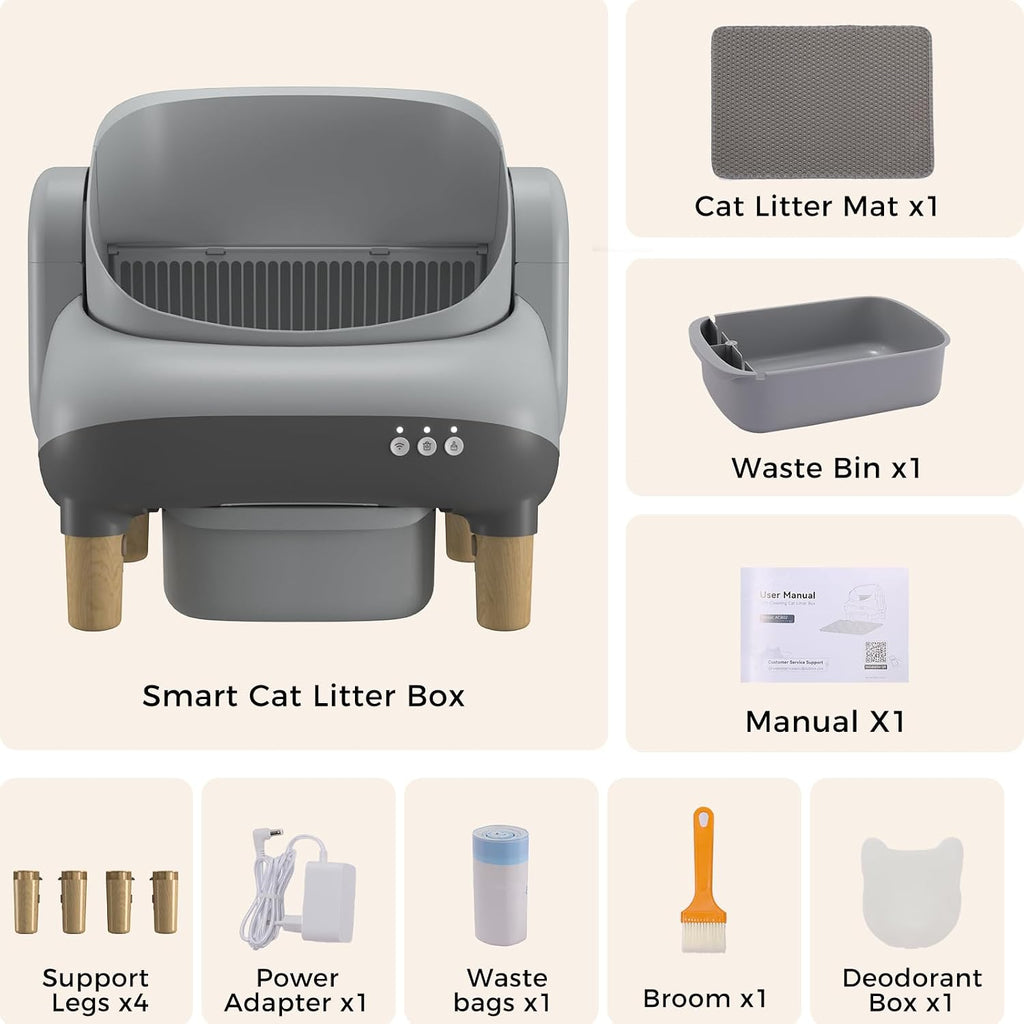 GTPLAYER Smart Cat Litter Box, Open-Top Self Cleaning Cat Litter Box with App Control, Safety Sensors, Large Capacity Waste Bin, Easy Maintenance, Automatic Litter Box for Multi-Cat Homes, Gray