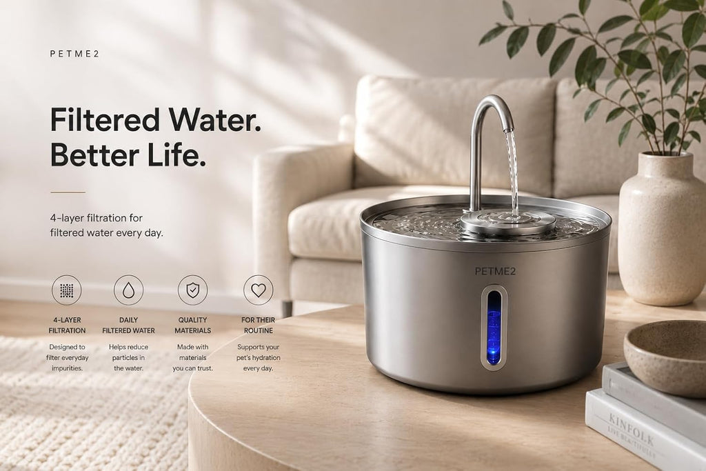 Stainless Steel Cat Water Fountain 108oz/3.2L, Dog Water Fountain for Cats & Dogs Indoor, LED Light, Quiet Pump, Faucet & Bubbling Dual Flow Modes, 4-Layer Filter, Dishwasher Safe