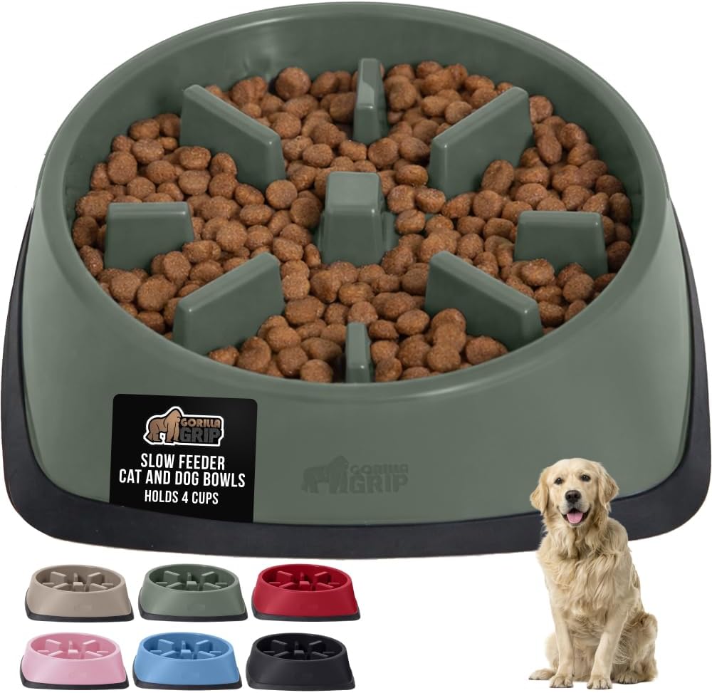 GORILLA GRIP® Patented Slow Feeder Dog and Cat Bowl, BPA Free, 4 Cup Sage