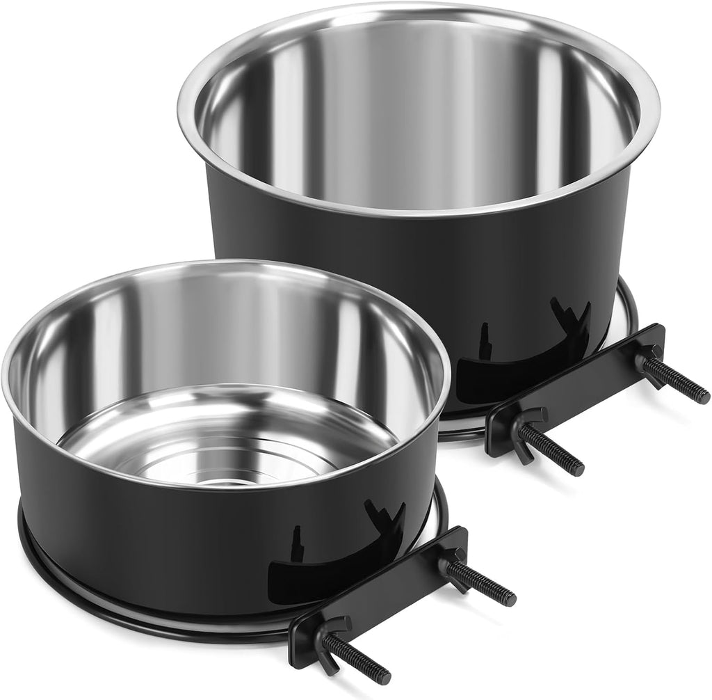 2 Pcs Stainless Steel Large Dog Crate Food Water Bowl, 77 & 45 OZ | Non-Spill, Detectable, Hanging Cage, Black Feeder Dish with Clamp Holder for Large Pets, Size 7.1x3.5'' & 6.3x2.6''