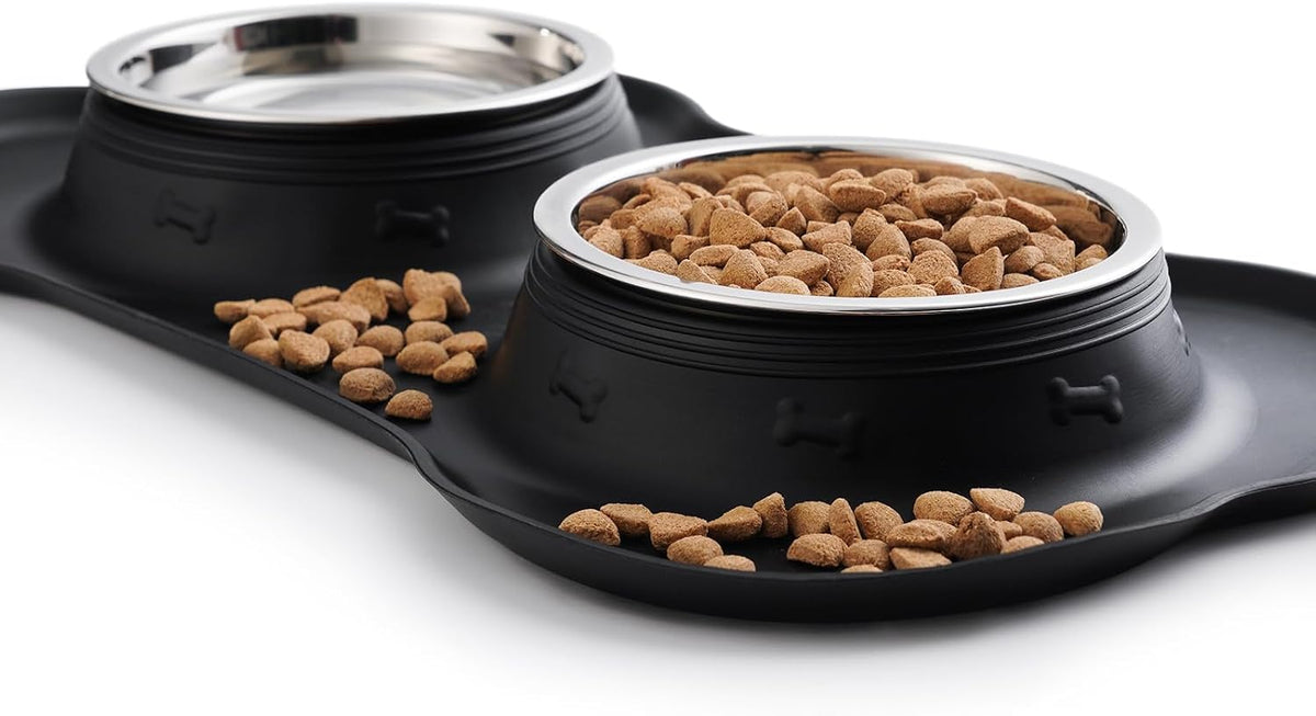 Hubulk Pet Dog Bowls 2 Stainless Steel Dog Bowl with No Spill Non-Skid Silicone Mat + Pet Food Scoop Water and Food Feeder Bowls for Feeding Small Medium Large Dogs Cats Puppies (M, Black) 