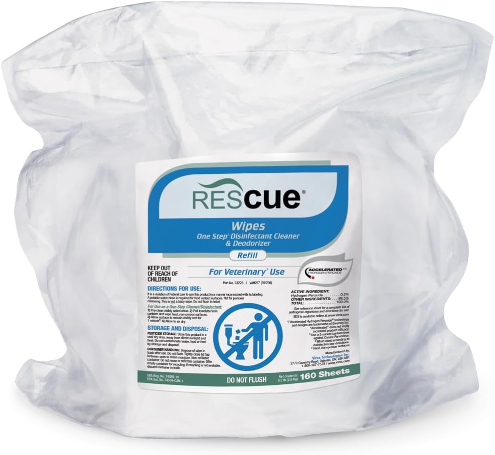 REScue One-Step Disinfectant Cleaner & Deodorizer Wipes for Vet Use – Cleaner for Kennels, Litter Boxes, Vet Offices, Pet Grooming Surfaces – Extra Large Wipes, 160-Count Bucket Refill (1 Pack)