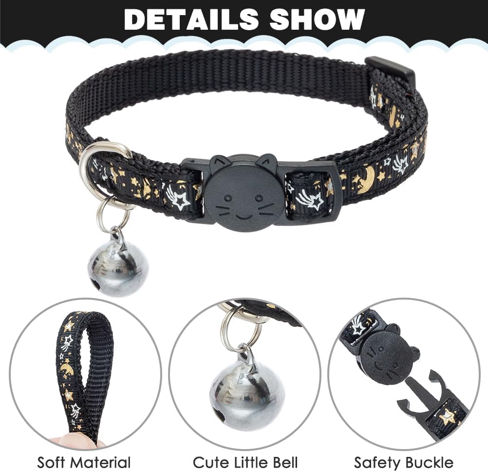 PAWCHIE Cat Harness with Leash and Collar Set - Escape Proof Adjustable H-shped Cat Harness with Star and Moon Pattern Glow in The Dark for Kitty Outdoor Walking
