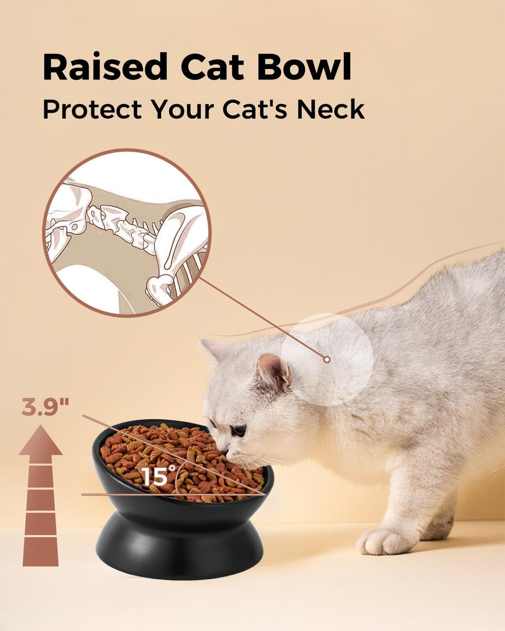 LoeJan Elevated Cat Food Bowl, 5 Oz Ceramic Raised and Tilted Water Bowl, Anti Vomiting and Protect Pets' Spines Dishes for Small Dog, Fat Faced Cat, Kitten (Black, 2 Pack)