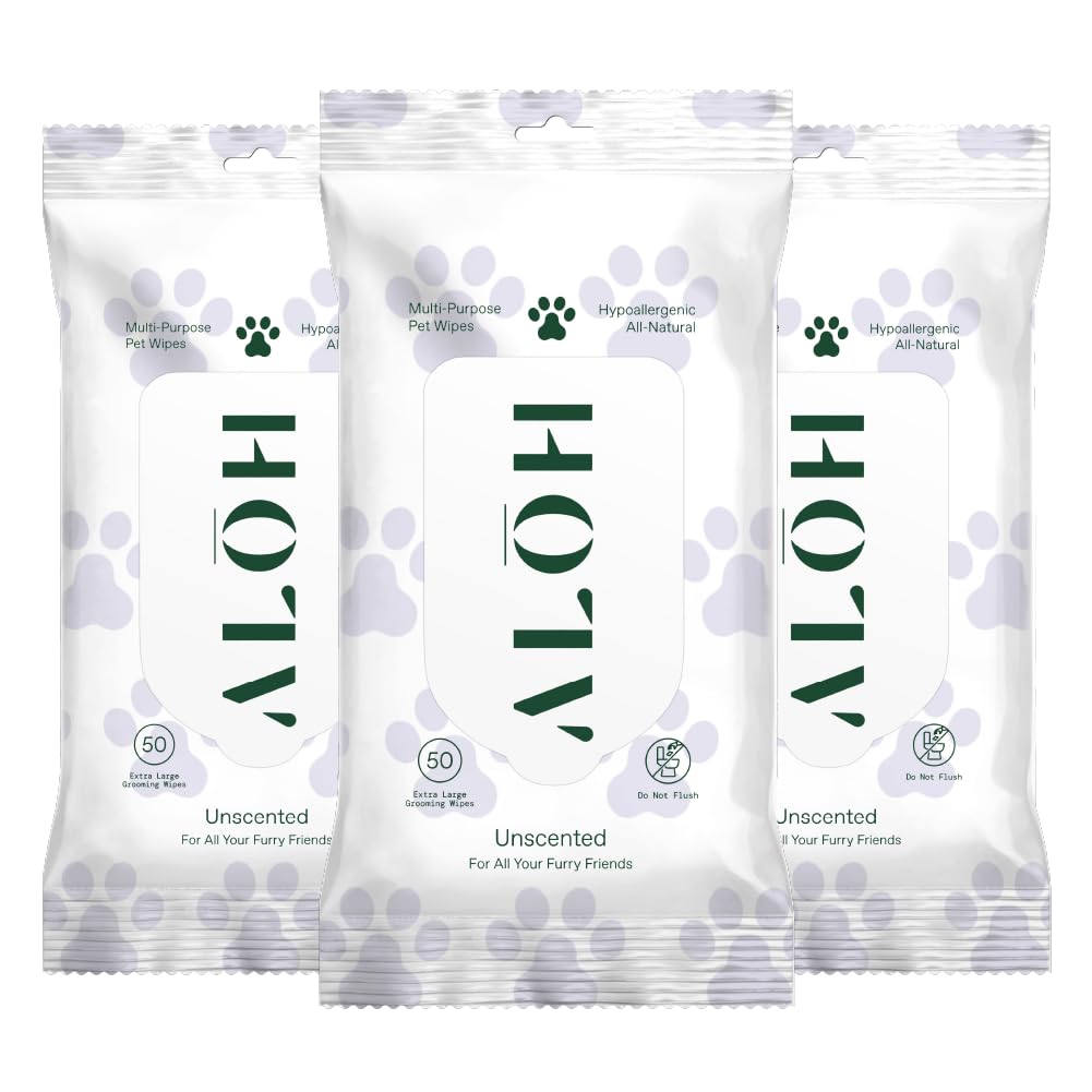 ALŌH Hypoallergenic Multi-Purpose Pet Wipes, All-Natural & Unscented | Grooming & Cleaning Wipes for Paws, Butt, Face & Body - Sensitive Skin Safe with Coconut & Avacado Oil - 3 x 50ct (150ct)
