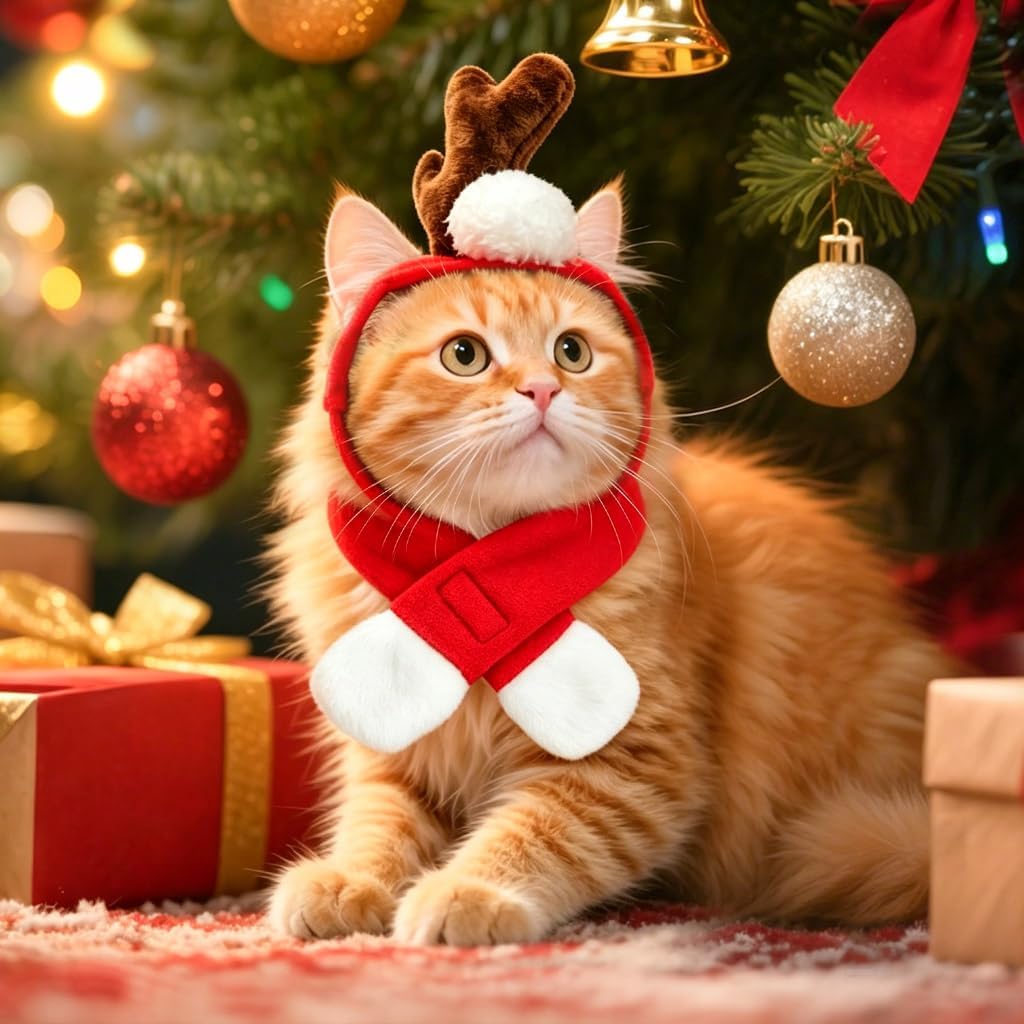 NAMSAN Pet Reindeer Costume for Cats Small Dogs Rabbits, Christmas Cat Single Antler Headband with Red Scarf, Small Dog Max Santa Antler Outfit for Christmas New Year Party Cosplay Statue Decoration