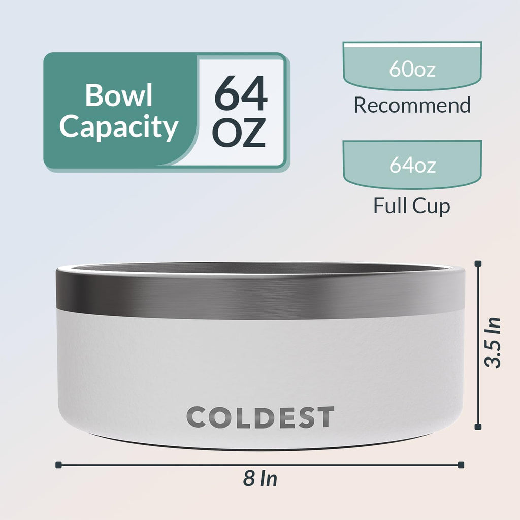 Coldest Dog Bowl - Anti Rust Metal, Non Slip, 3 Layers Insulated Stainless Steel Dog Bowls - Spill Proof & Heavy Duty - Water Bowl for Dogs, Cats & Pets, Dish Washer Safe (64 oz, Epic White) 