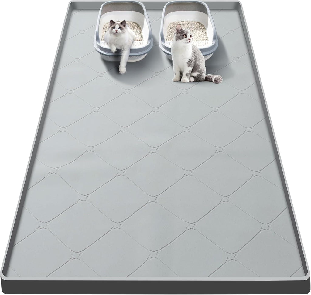 Large Cat Litter Mat 40x22 in, Waterproof Silicone, Gray | Extra large for litter box or feeding area, raised edges, silicone easy rinse-clean surface