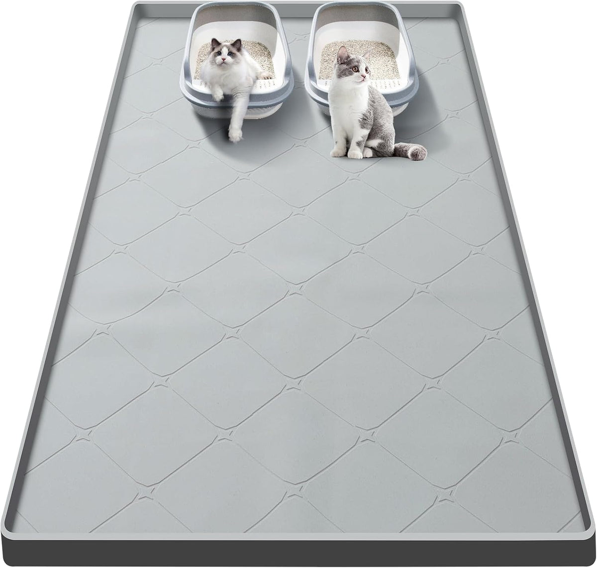 Large Cat Litter Mat 40x22 in, Waterproof Silicone, Gray | Extra large for litter box or feeding area, raised edges, silicone easy rinse-clean surface