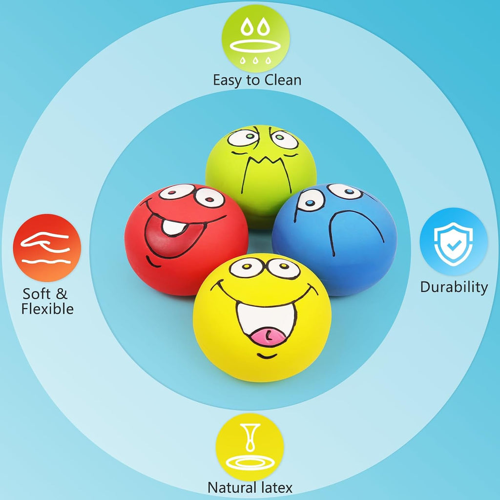 4 Pack 2.8" Smiley Face Squeaky Dog Toys Soft Dog Balls Latex Rubber Squeak Dog Toys for Small Medium Puppy Pet Dogs (Flat Ball)