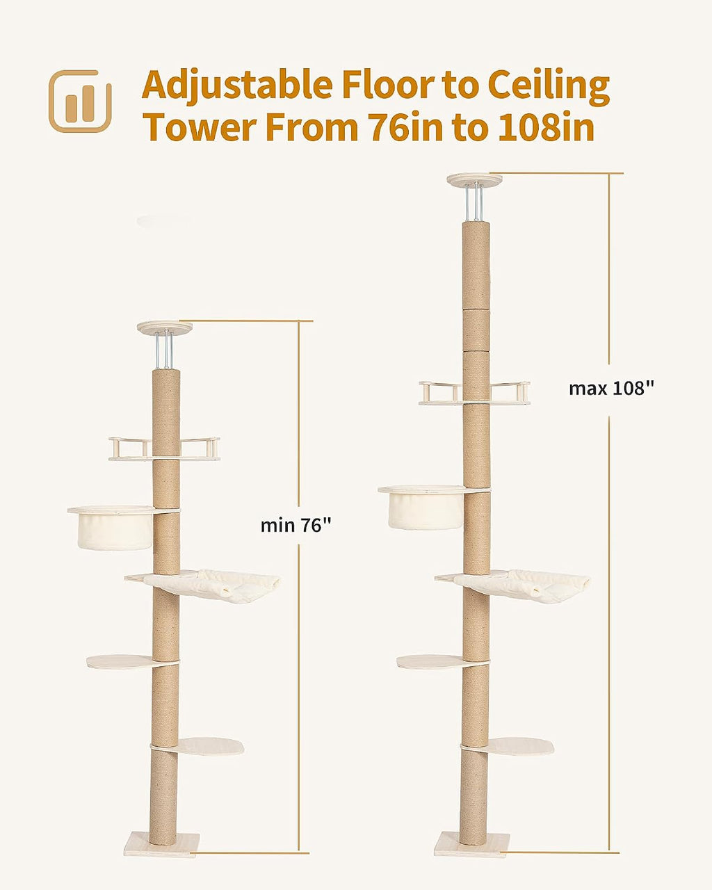Aechonow 9ft Floor to Ceiling Cat Tree for Large Cats, 5'' Deep Hammock