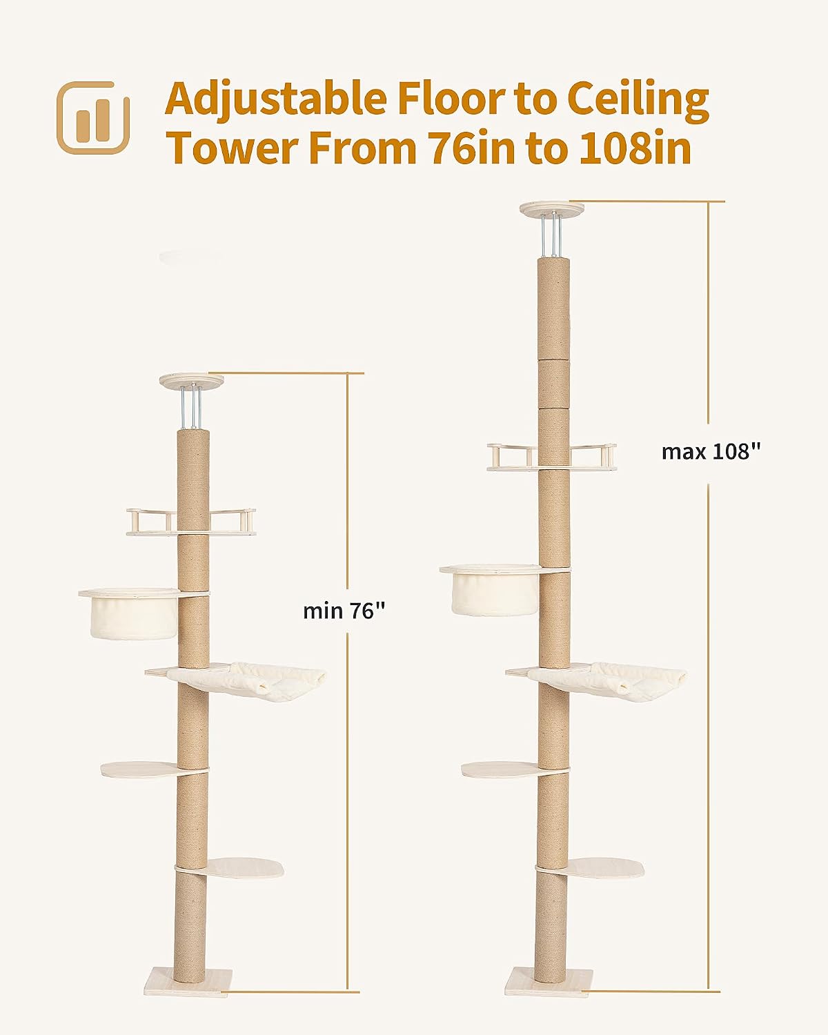 Aechonow 9ft Floor to Ceiling Cat Tree for Large Cats, 5'' Deep Hammock