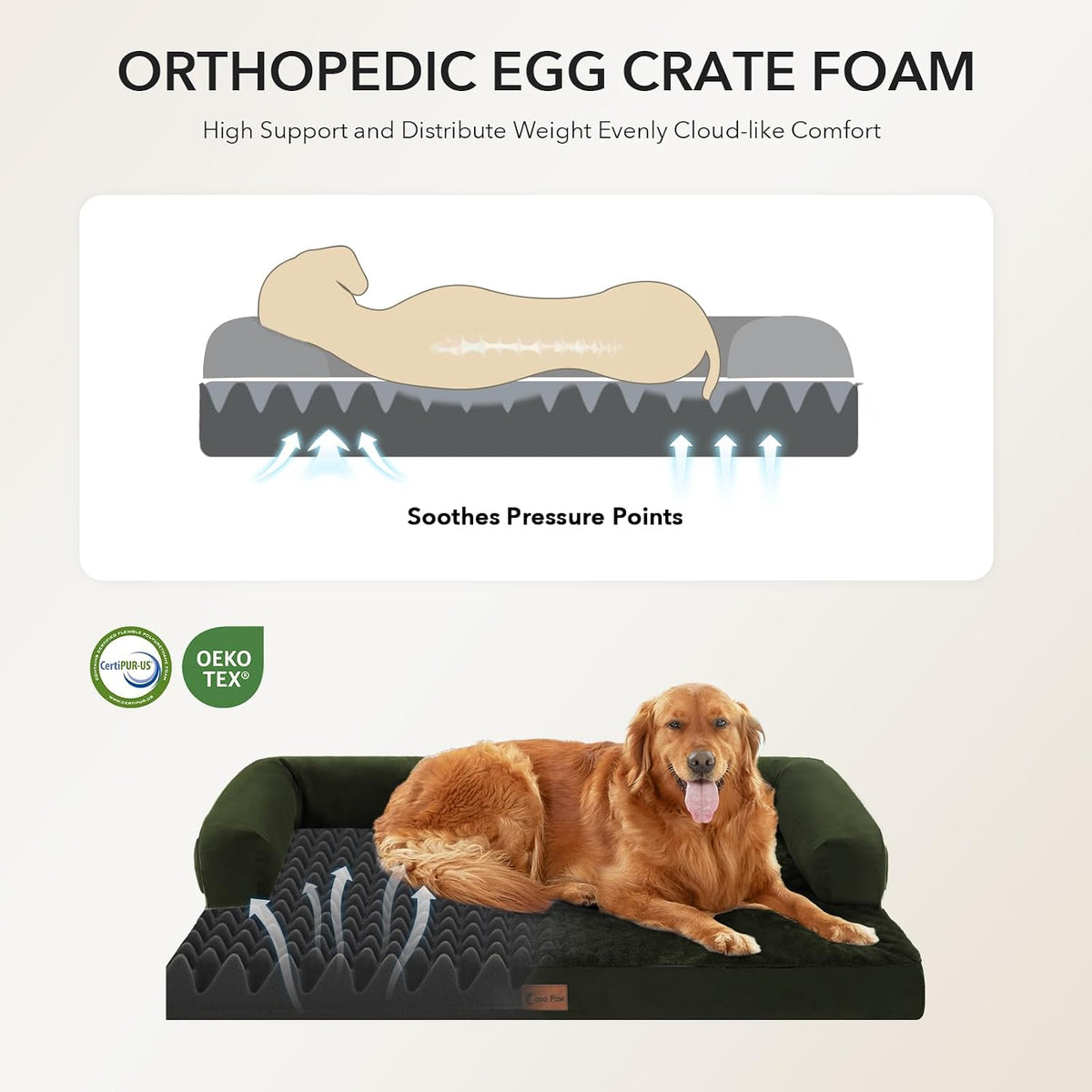 Orthopedic Dog Bed for Extra Large Dogs, 53x42in, Olive Green