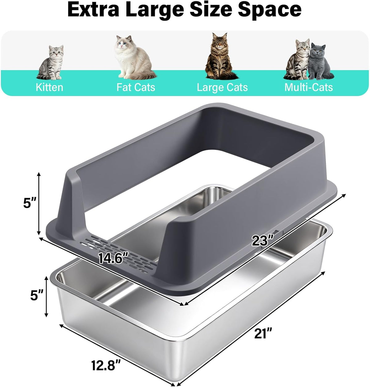 Stainless Steel Litter Box, XL Metal Litter Box with High Sides Lid