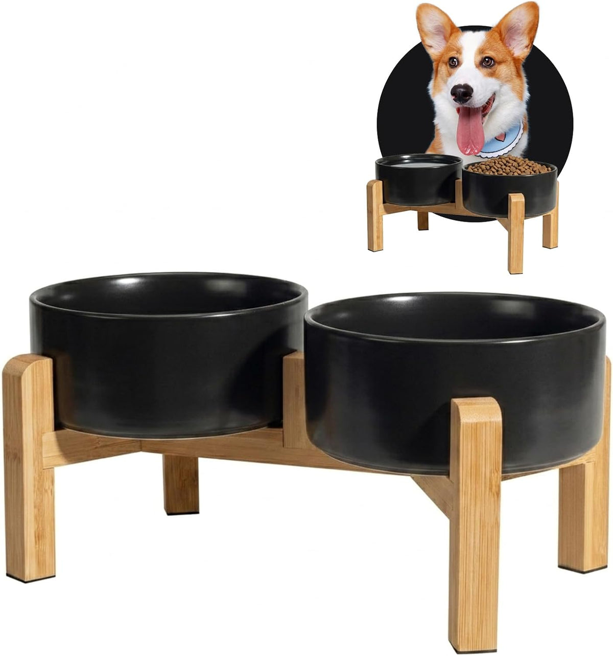 Elevated Ceramic Dog Bowl, 3.6 Cups Dog Food and Water Bowl Set with Stand | 6.1'' Double Dog Feeding Dishes, Non-Slip Raised Dog Feeder for Small and Medium Breeds, 28.74 OZ / 850 ML, White