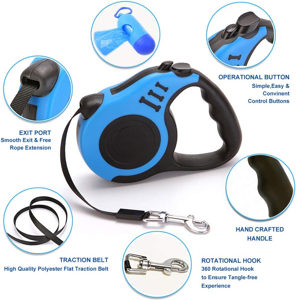 Retractable Dog Leash for Medium - Small Dogs and Cats 16.5FT Tangle Free, Heavy Duty Walking Leashes with Anti Slip Handle, Pause and Lock Strong Nylon Tape, Store Dog Leash Retractable(Blue)