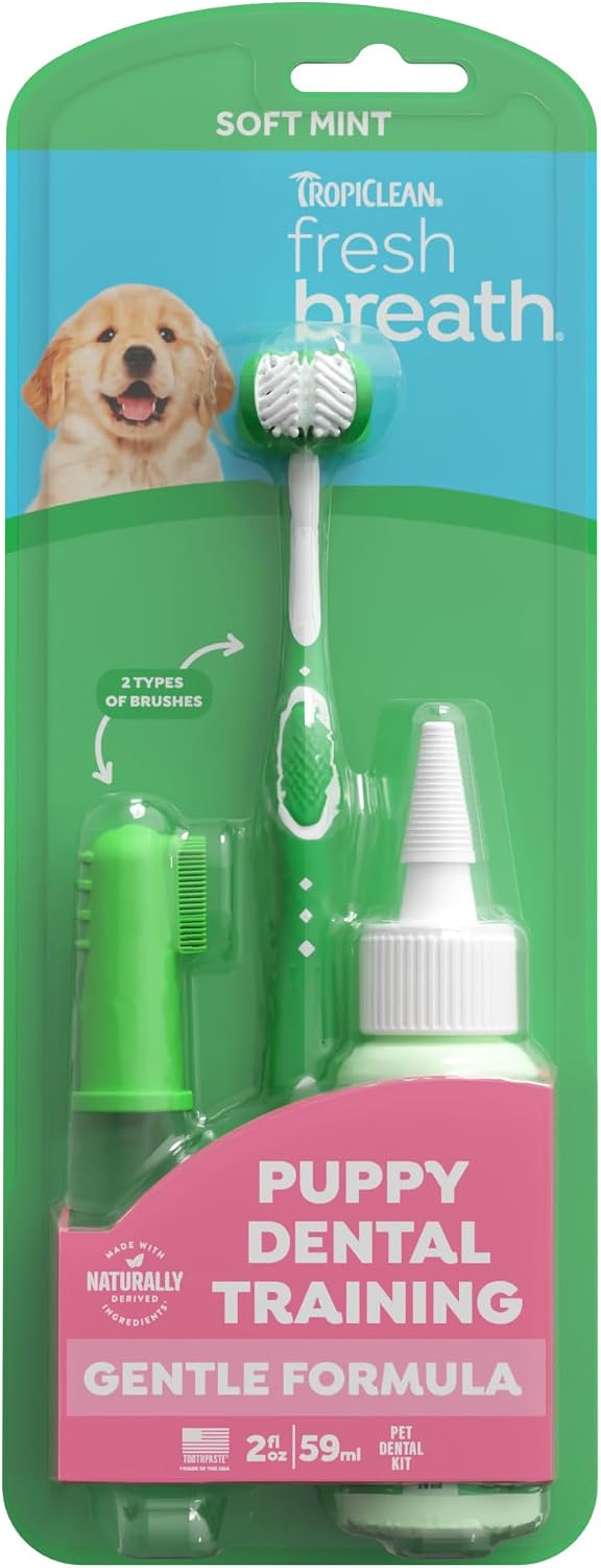 TropiClean Fresh Breath Toothbrush and Toothpaste Kit for Puppies, Teeth Cleaning Kit to Prevent Plaque & Tartar, Breath Freshener, Dog Dental Care 