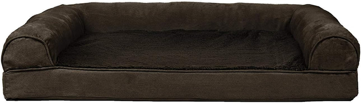 Furhaven Cooling Gel Dog Bed for Large/Medium Dogs w/ Removable Bolsters & Washable Cover, For Dogs Up to 55 lbs - Plush & Suede Sofa - Espresso, Large