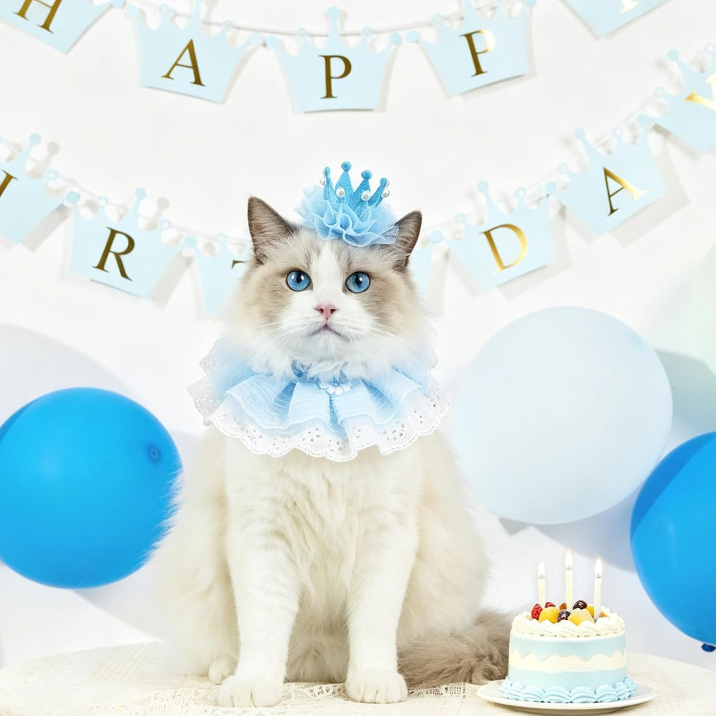 Cat Princess Costumes Cat Crown Hat & Lace Bandana Scarf Set, Puppy Party Hat for Small Dogs & Cats, Lace Outfit for Cats and Small Dogs Birthday Party (Blue)