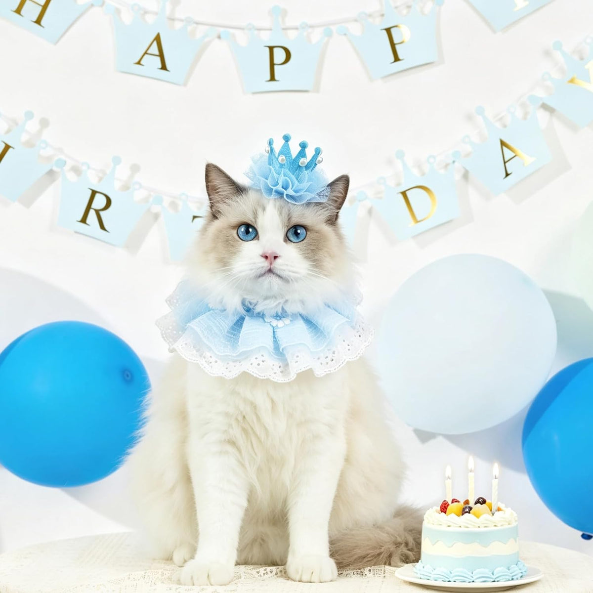 Cat Princess Costumes Cat Crown Hat & Lace Bandana Scarf Set, Puppy Party Hat for Small Dogs & Cats, Lace Outfit for Cats and Small Dogs Birthday Party (Blue)