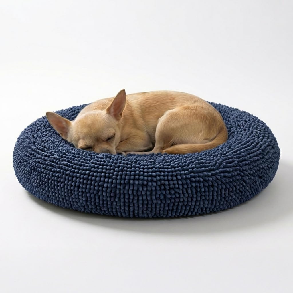 Muddy Mat® Cloud K-9 Bed for Dogs & Cats, Soft & Relaxing Donut Dog Bed, Chenille Material, Removable Cover, Washable & Dryer Safe–Navy Blue Small(25'x25')