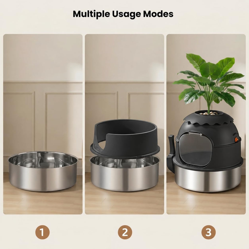 Hidden Litter Box, Stainless Steel Litter Box with Faux Plant Decor, Litter Box Enclosure with Clear Front Door, Includes Scoop & Litter Mat, Odor Control, Easy to Clean (Black)