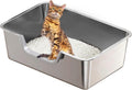 Stainless Steel Cat Litter Box, Steel Litter Pan with Curved Low Entry, Leak Proof 6 Inch High Side for Urine, Easy Entry for Kittens Older Cats, No Slip, 23.6" x 15.7" x 7.9", Silver
