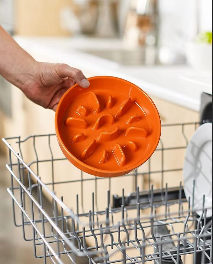 LE TAUCI Ceramic Slow Feeder Puzzle Bowl Elevated 1.5 Cup with Wooden Stand for Small & Medium Dog, Fast Eater Food Bowl Sun Orange 