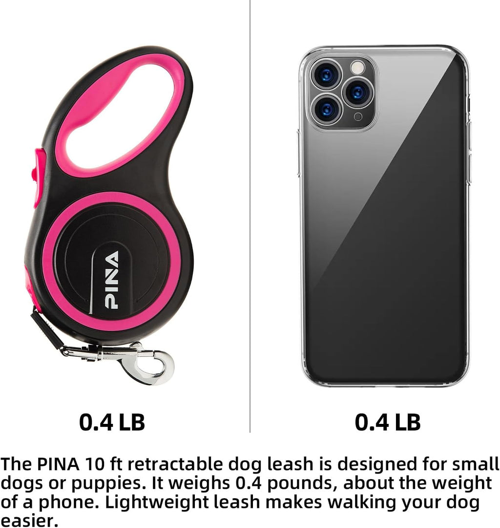 PINA Retractable Dog Leash, 10ft Dog Leash for Small Dogs Up to 33lbs, 360° Tangle-Free Strong Reflective Nylon Tape, with Anti-Slip Handle, One-Handed Brake, Lock - Black Pink
