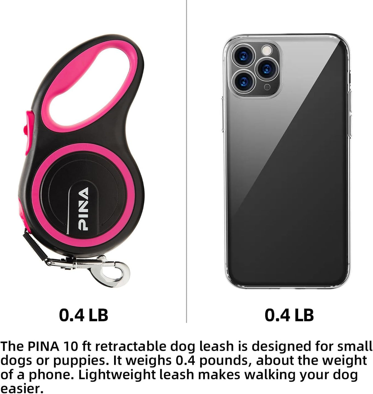 PINA Retractable Dog Leash, 10ft Dog Leash for Small Dogs Up to 33lbs, 360° Tangle-Free Strong Reflective Nylon Tape, with Anti-Slip Handle, One-Handed Brake, Lock - Black Pink