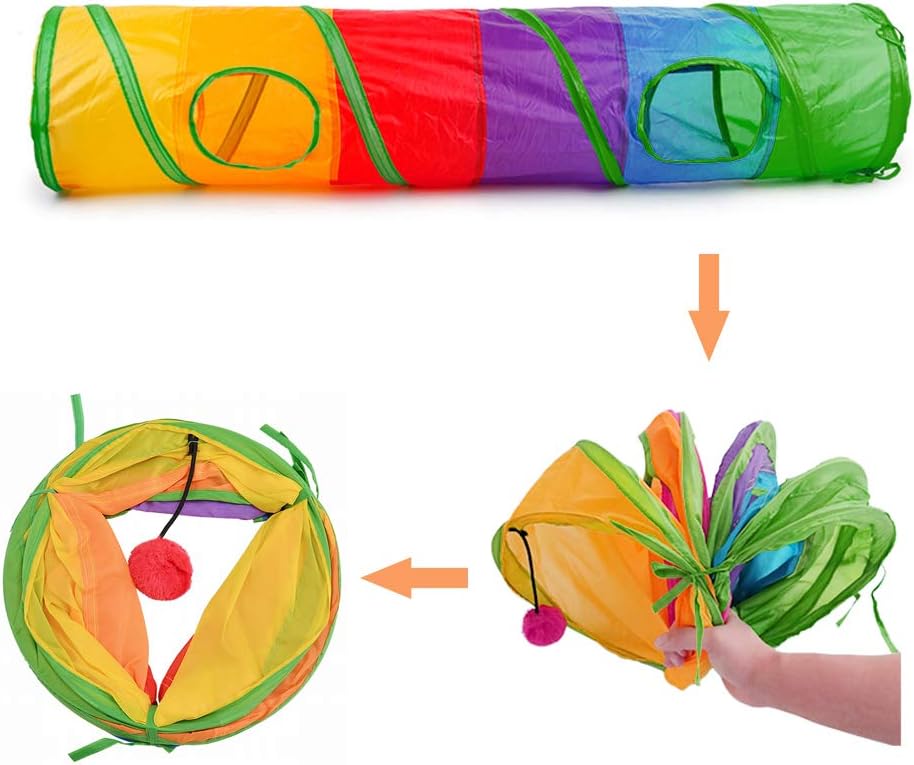 Andiker Cat Tunnel for Indoor Cats, 45" Long Rainbow Collapsible Kitten Tube with a Fun Ball and 2 Holes Cat Play Tunnel, Rabbit Tunnel for Kittens Exercising Hiding Training and Running(Colorful)