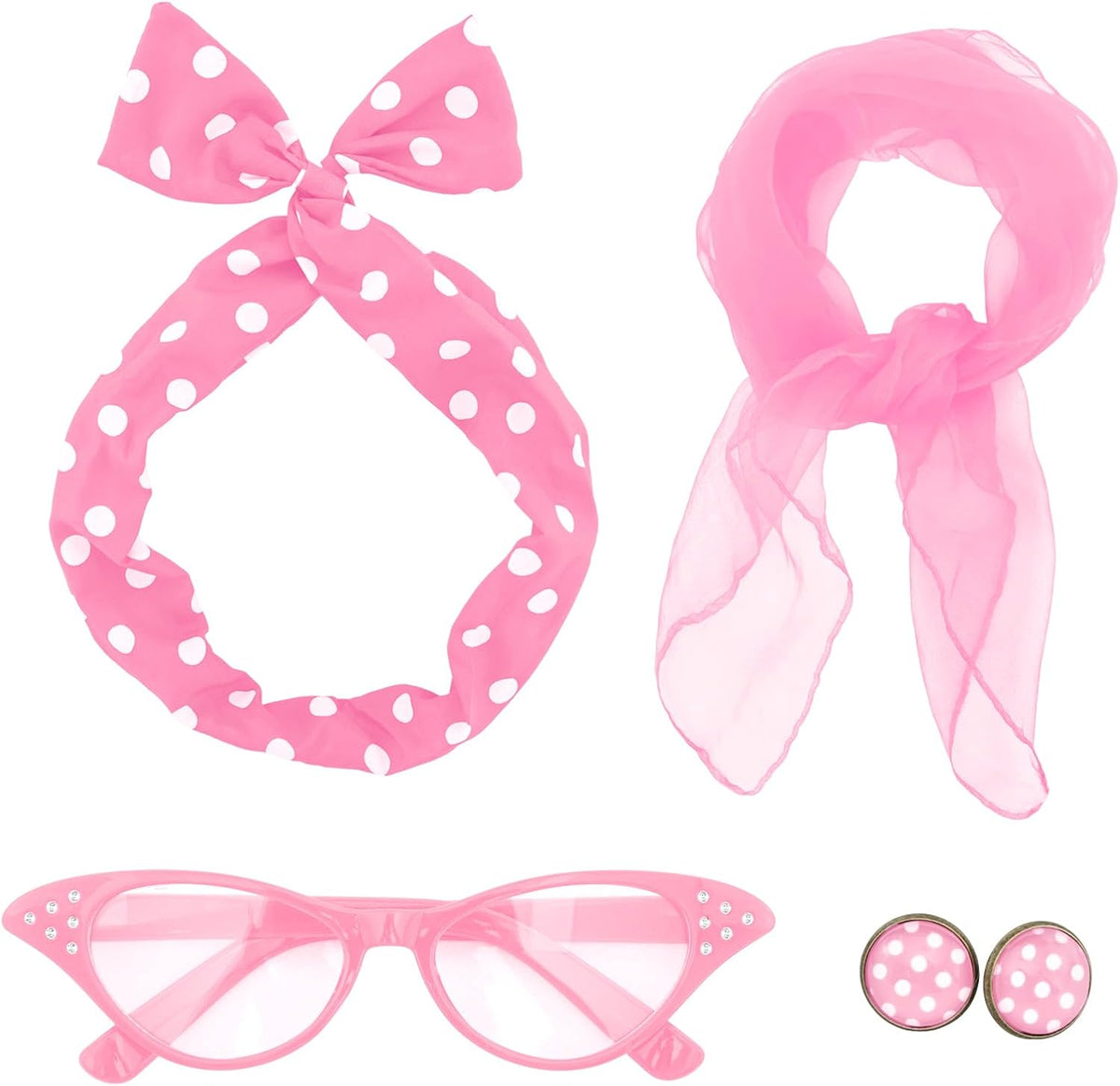50s Set 50's Costume Accessories Chiffon Scarf Cat Eye Glasses Bandana Tie Headband Earrings for Cosplay Party