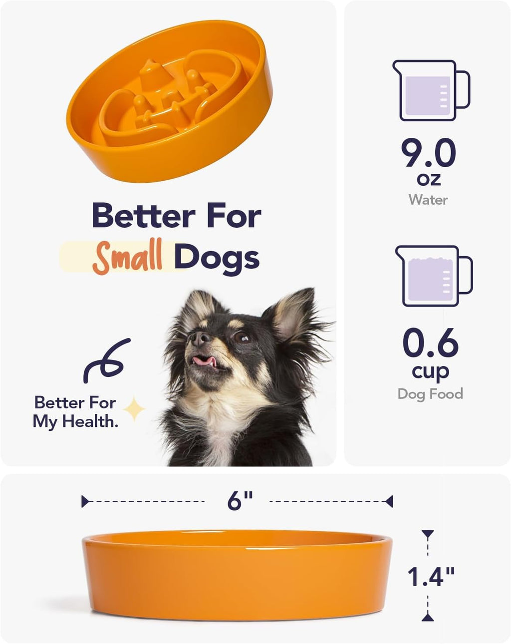 LE TAUCI Ceramic Slow Feeder Dog Bowls Small Breed, 0.6 Cups Dog Food Dish for Fast Eaters, Puzzle Bowl for Dogs and Cats,Pumpkin Orange