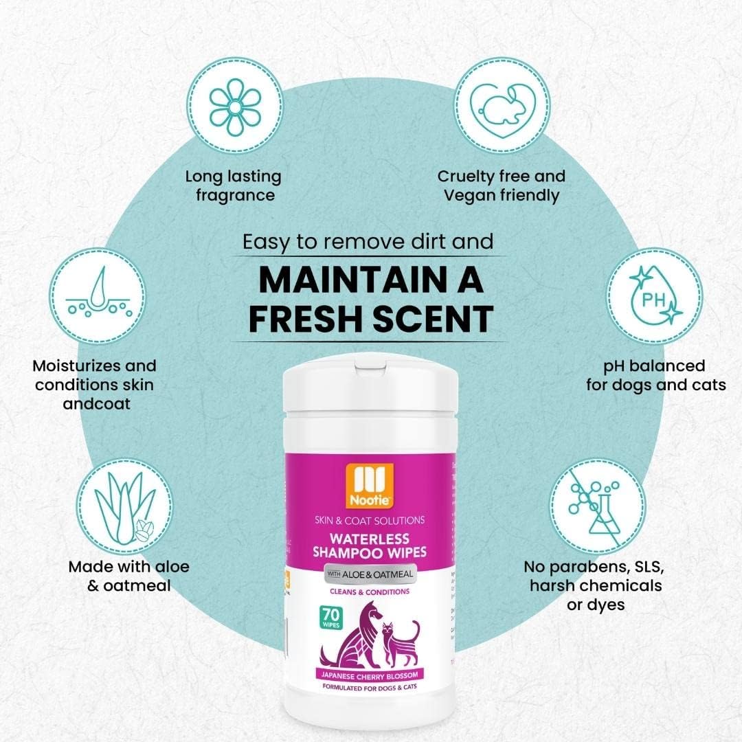 Nootie Waterless Shampoo Wipes, Cherry Blossom, Long-Lasting Fragrance | 70 Ct, sold in 10,000+ vet clinics & pet stores, made in USA 
