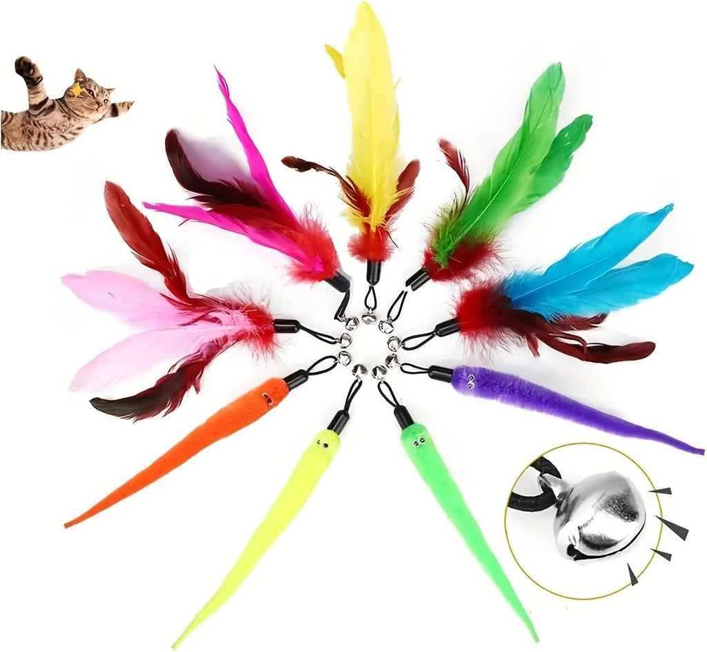 Suction Cup Door Hanging Cat Toy Set, Assorted Replaceable Refills Feather Worm Ribbon Mouse Butterfly Interactive Kitten Play Toy (Feather Set (10Pcs))