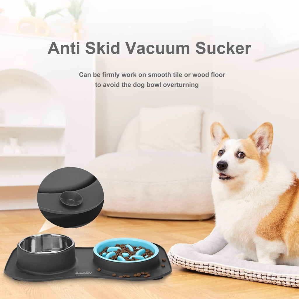 Slow Feeder Dog Bowls 3 in 1 Stainless Steel Food Water Bowl to Slow Eating | Durable, Non-spill & Non-skid with Silicone Mat Design, Slow Down Eating, Suitable for Small Medium Large Dogs and Cats 