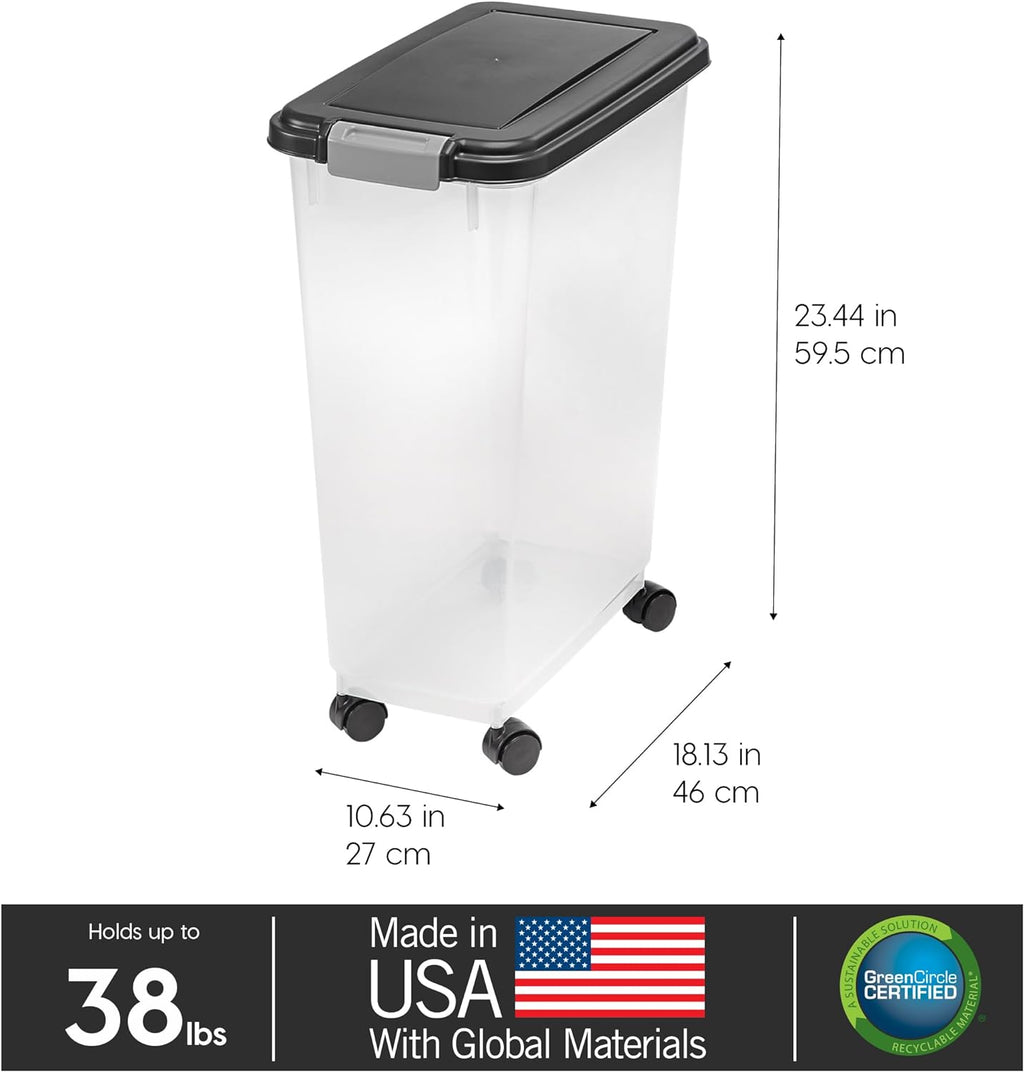IRIS USA Dog Food Storage Container, Up to 38 lbs, Black, Made in USA | Wheels for Mobility, Airtight Seal, BPA-Free, Best for Bird Seed, Cat food, Cat Litter, Chicken Feed, Pellets 