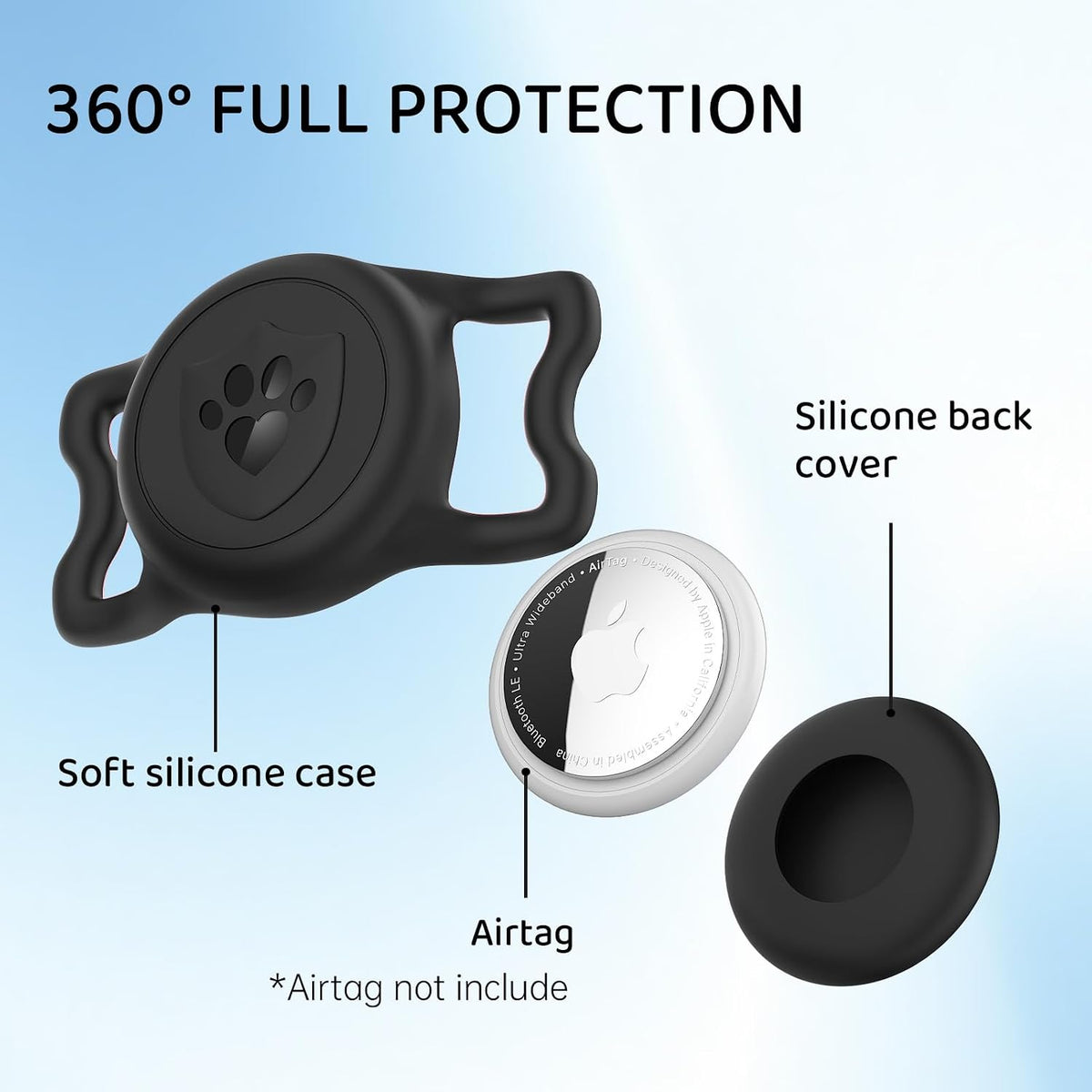 IP68 Waterproof AirTag Holder for Dog Collar, Silicone, Black