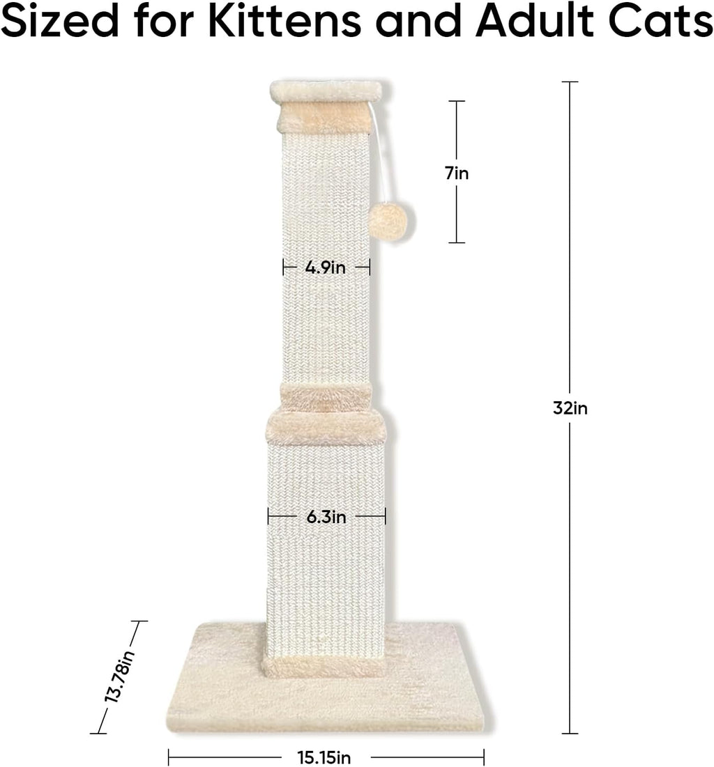 Cat Scratching Post for Indoor Cats, 32Inch Sisal Cat Scratcher, Beige