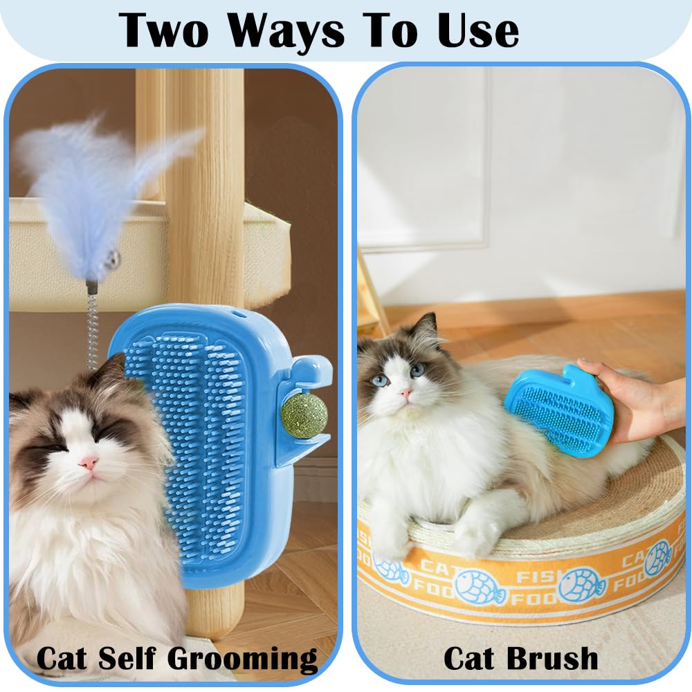 3-in-1 Cat Self Groomer Brush – Wall Corner Cat Scratch Pad with Catnip Ball & Feather Toy, Cactus-Style Wall Brush for Indoor Cats, Cats Massager & Face Scratchers for Fur Pets