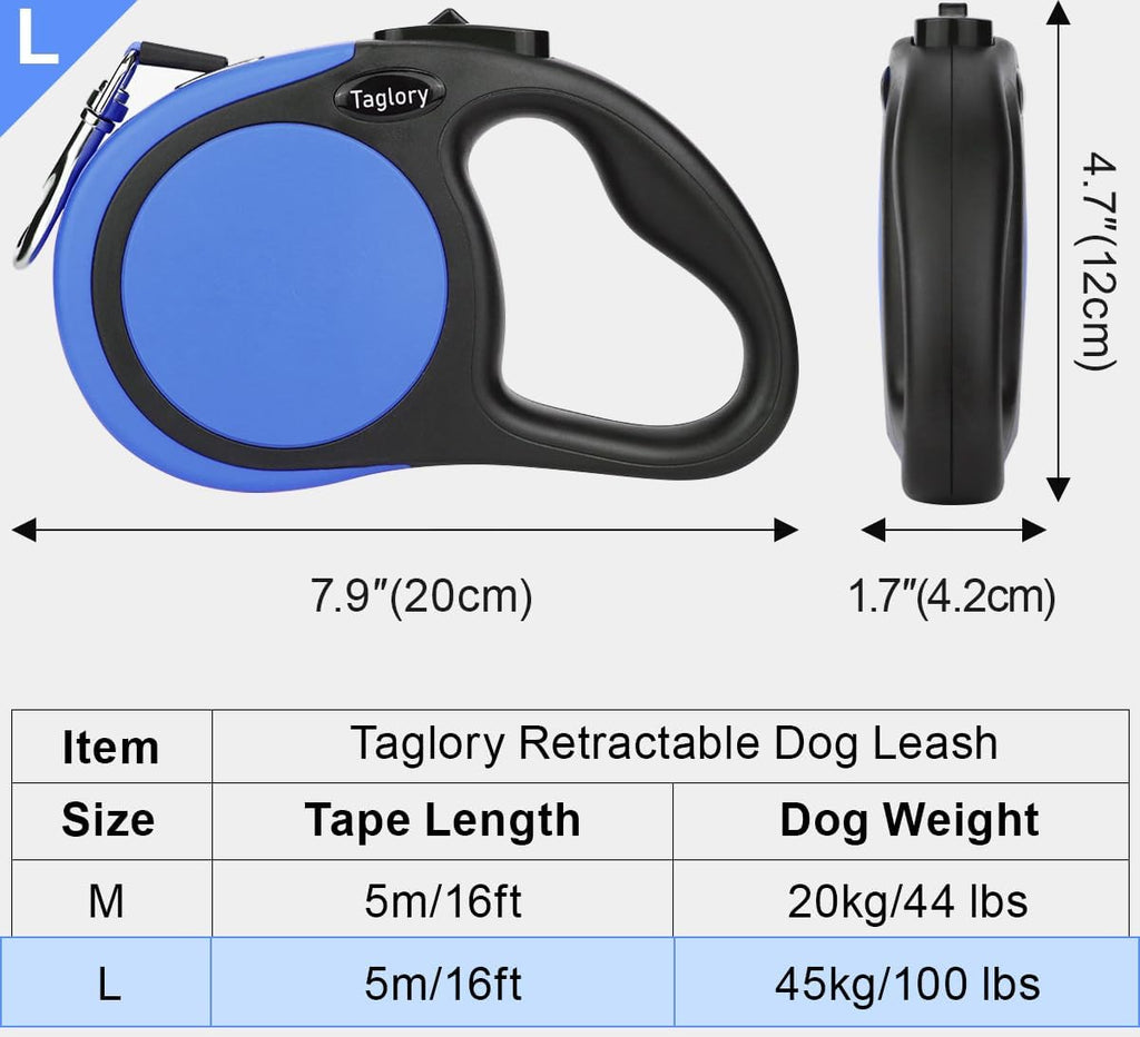 Taglory Retractable Dog Leash, One-Handed Brake, 16ft, Up to 44 lbs, Blue