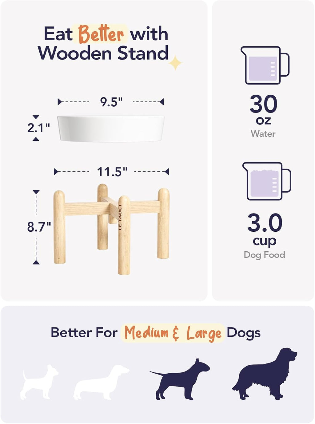 LE TAUCI Ceramic Slow Feeder Dog Bowls Elevated, 3 Cup Raised Bowl with Wooden Stand for Medium Large Breed, Slow Down Eating, Puzzle Dog Food Bowl, Angel White