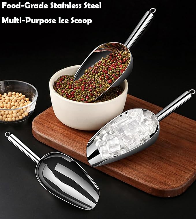 Set of 1 Ice Scoop, Stainless Steel Kitchen Ice Scoop for Canisters or Ice Maker, Food Scoops for Canisters, Freezer, Flour, Dry Foods, Coffee Beans, Pop Corn, Pet Dog Cat Food (Stainless Steel-L)