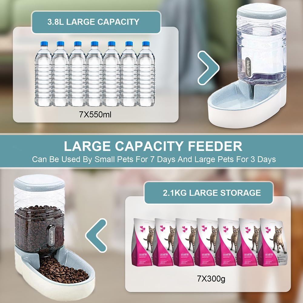 Meikuler Automatic Dog Cat Feeder and Water Dispenser Set,Waterer and Gravity Food Feeder for Small & Medium Dogs Cats Puppies,Large Capacity 1 Gallon x 2 (Grey)