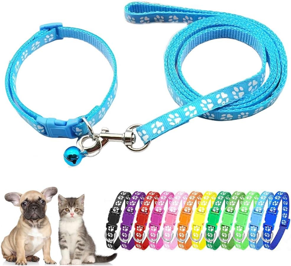 Light Blue XSmall Dog Collar and Leash Set, Puppy Leash and Collar Pawprint Adjustable Kitten Collar with Bell for Tiny Little XXS XS Extra Small Breed Pets Dogs Cats Girls Boys