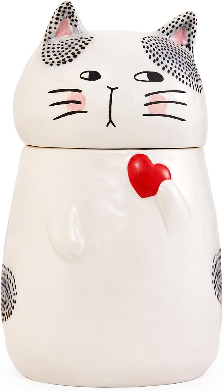 Bico Cartoon Cat Handpainted Stoneware Air Tight White 10.2 inch Cookie Jar, Dishwasher Safe, for storing Cookie, Candy, Coffee