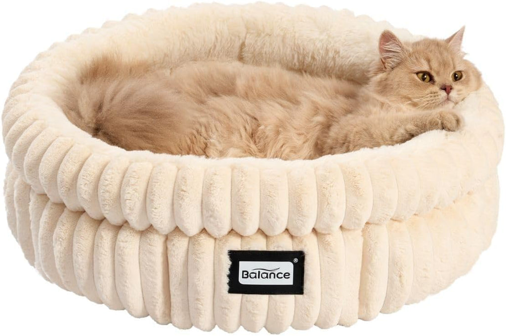 BALANCE Cat Bed Kitten Bed, Washable Round Cat Beds for Indoor Cats,Super Soft Plush Faux Fur Pet Bed for Puppy and Kitten with Anti-Slip Bottom