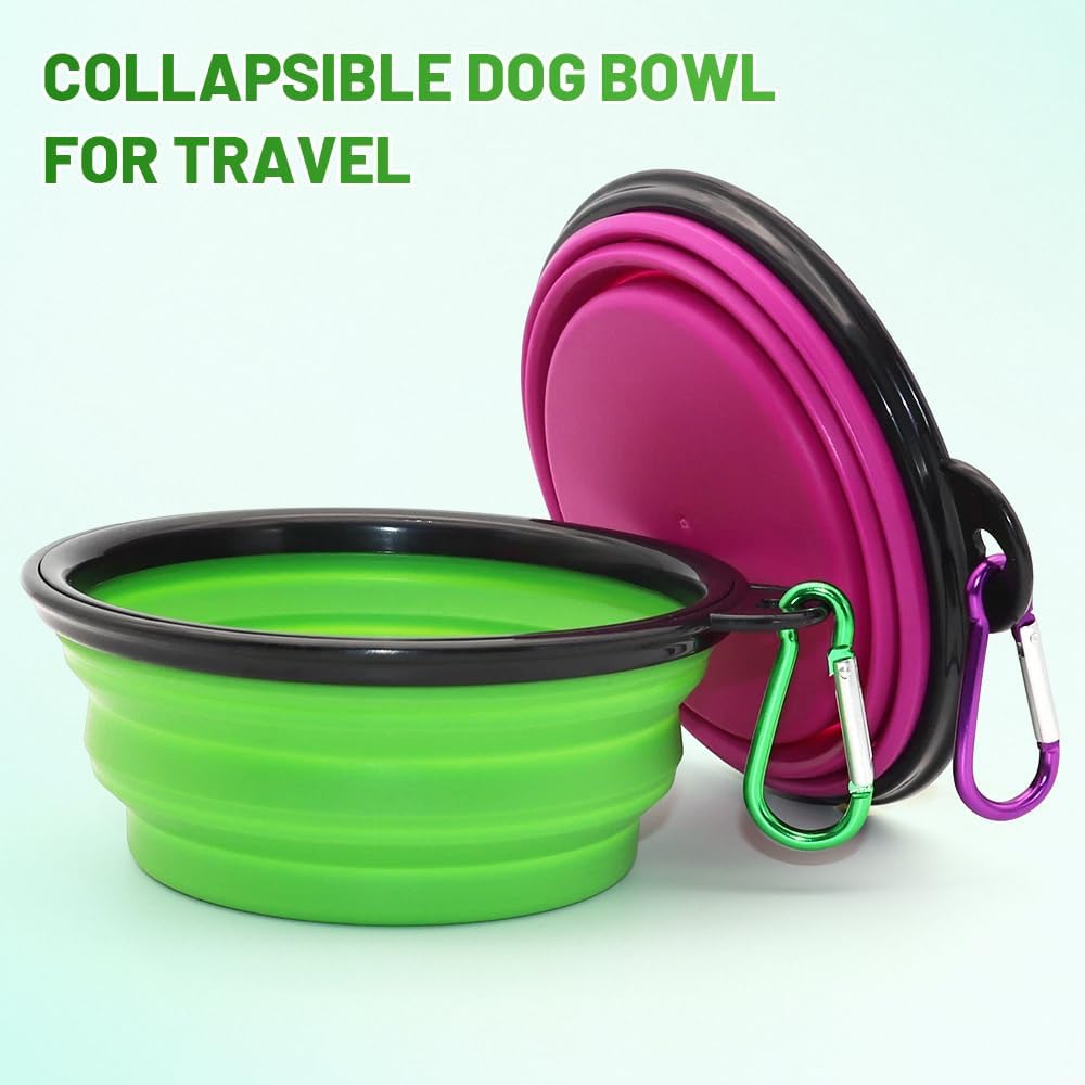 Dog Bowl Pet Collapsible Bowls, 2 Pack Collapsible Dog Water Bowls for Cats Dogs, Portable Pet Feeding Watering Dish for Walking Parking Traveling with 2 Carabiners (Small, Green+Purple) 