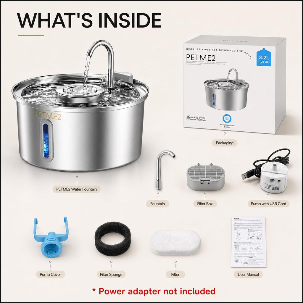 Stainless Steel Cat Water Fountain 108oz/3.2L, Dog Water Fountain for Cats & Dogs Indoor, LED Light, Quiet Pump, Faucet & Bubbling Dual Flow Modes, 4-Layer Filter, Dishwasher Safe